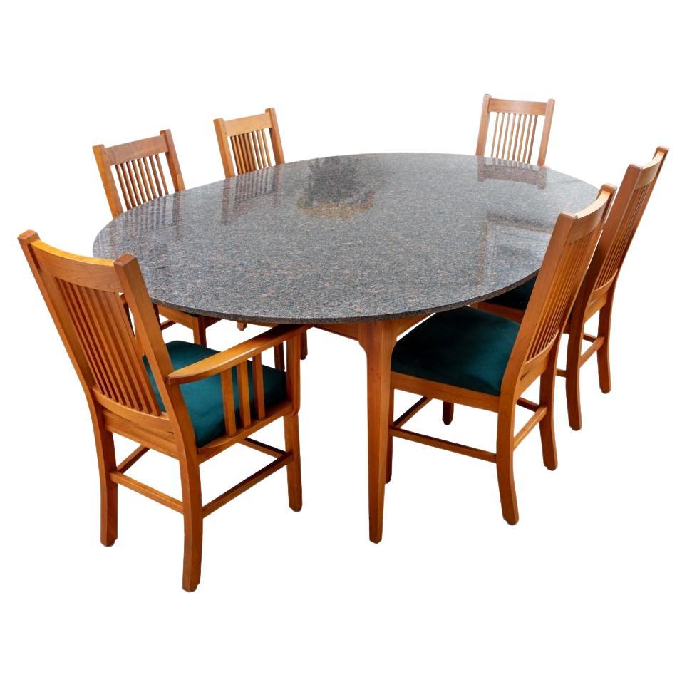 Custom Cherry Oval Granite Top Table & 2 Arm Chairs, 8 Side Chairs For Sale