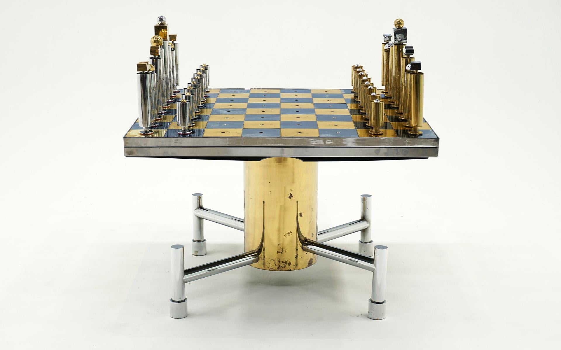 Hollywood Regency Custom Chess Set in Brass and Chrome.  Style of Paul Evans For Sale