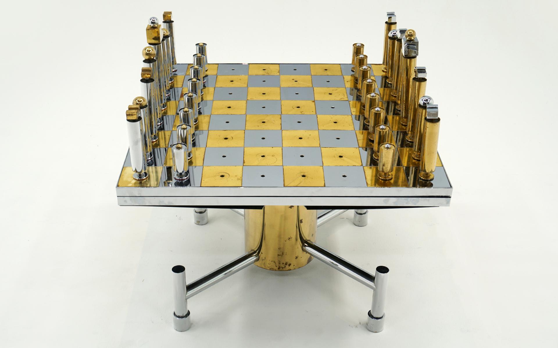 American Custom Chess Set in Brass and Chrome.  Style of Paul Evans For Sale