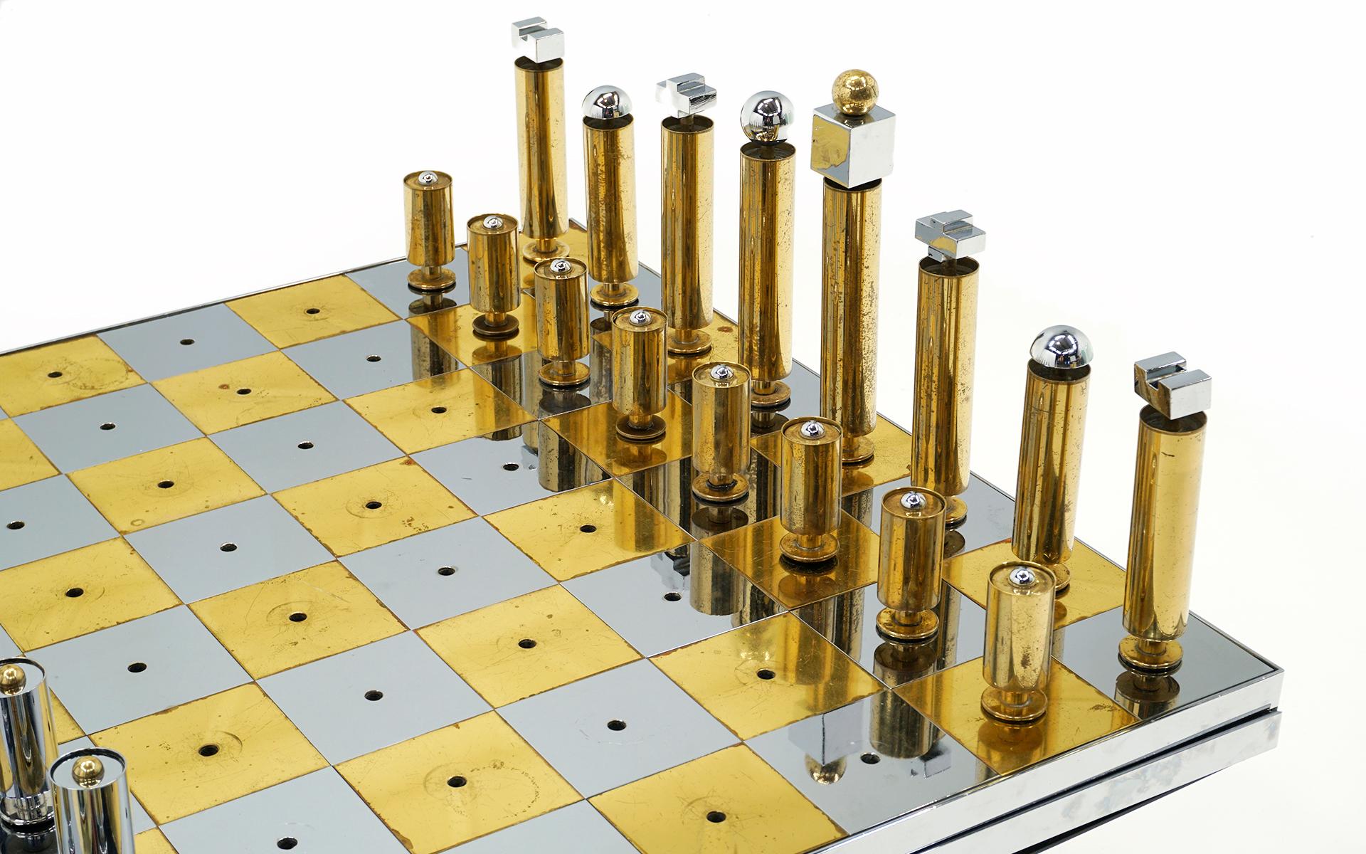 Custom Chess Set in Brass and Chrome.  Style of Paul Evans In Good Condition For Sale In Kansas City, MO