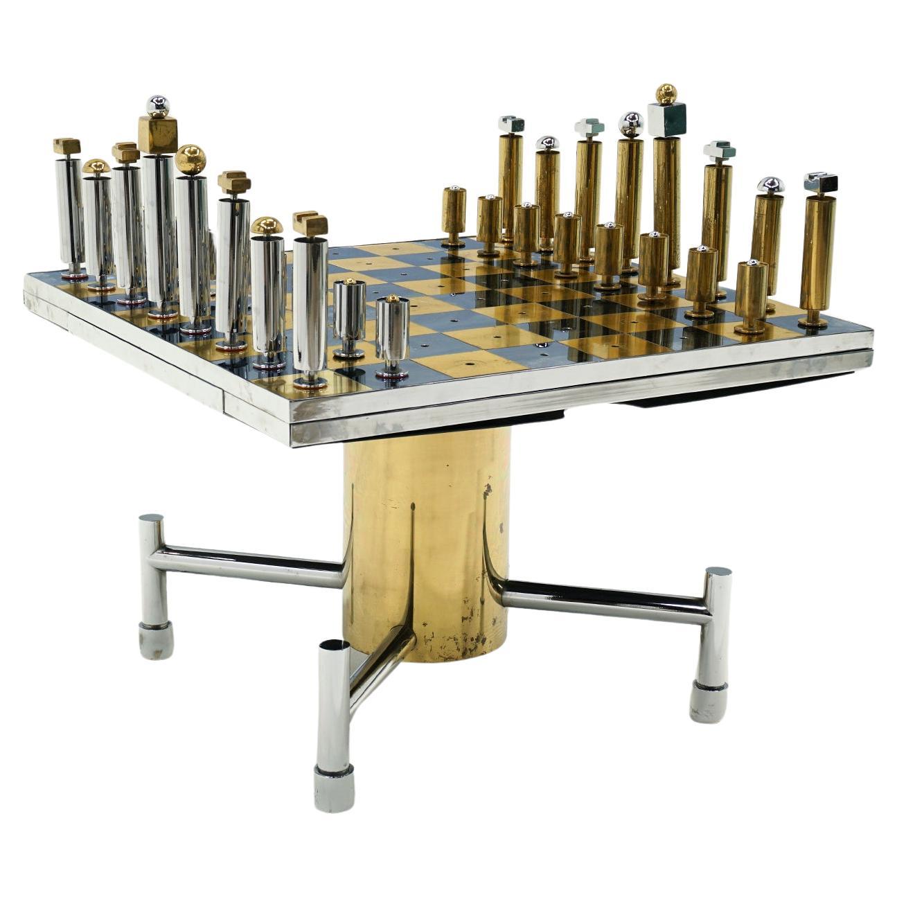 Custom Chess Set in Brass and Chrome.  Style of Paul Evans
