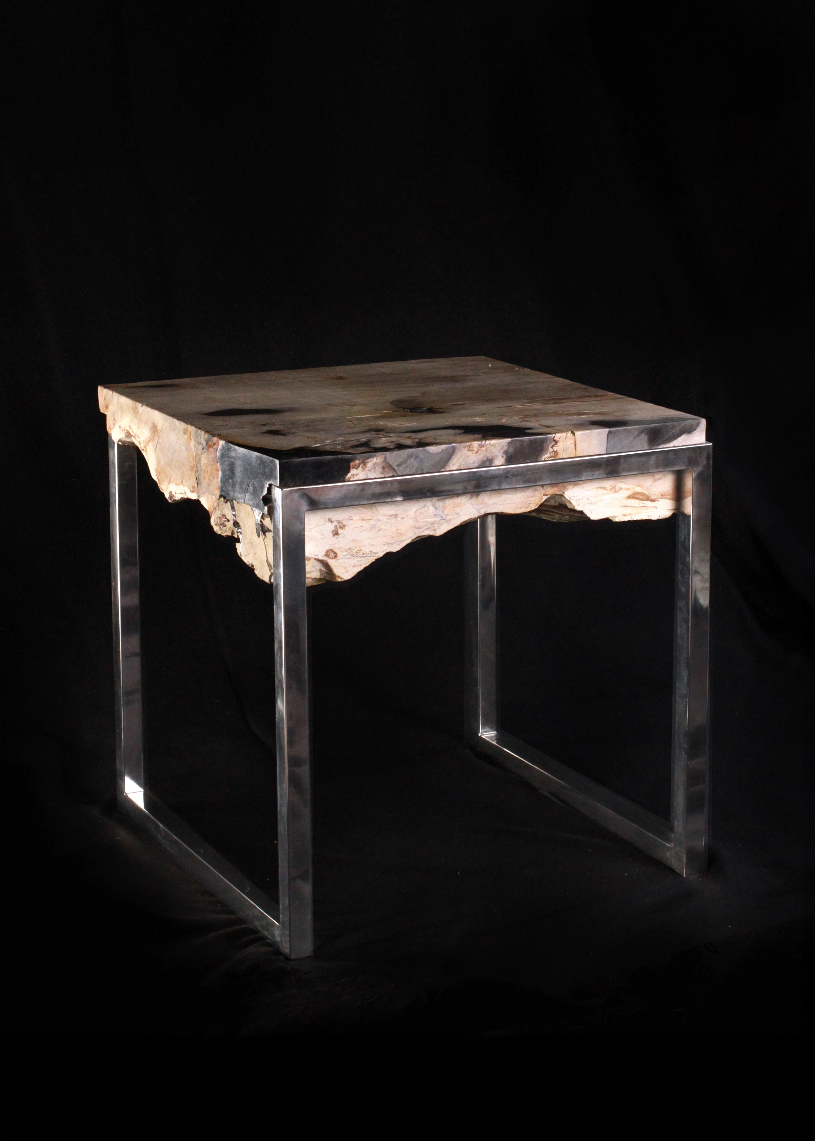 This captivating end table seamlessly marries the sleekness of chrome with the timeless beauty of petrified wood, resulting in a harmonious fusion of modernity and antiquity.

Materials and Design:
--Chrome Frame: The table’s lustrous