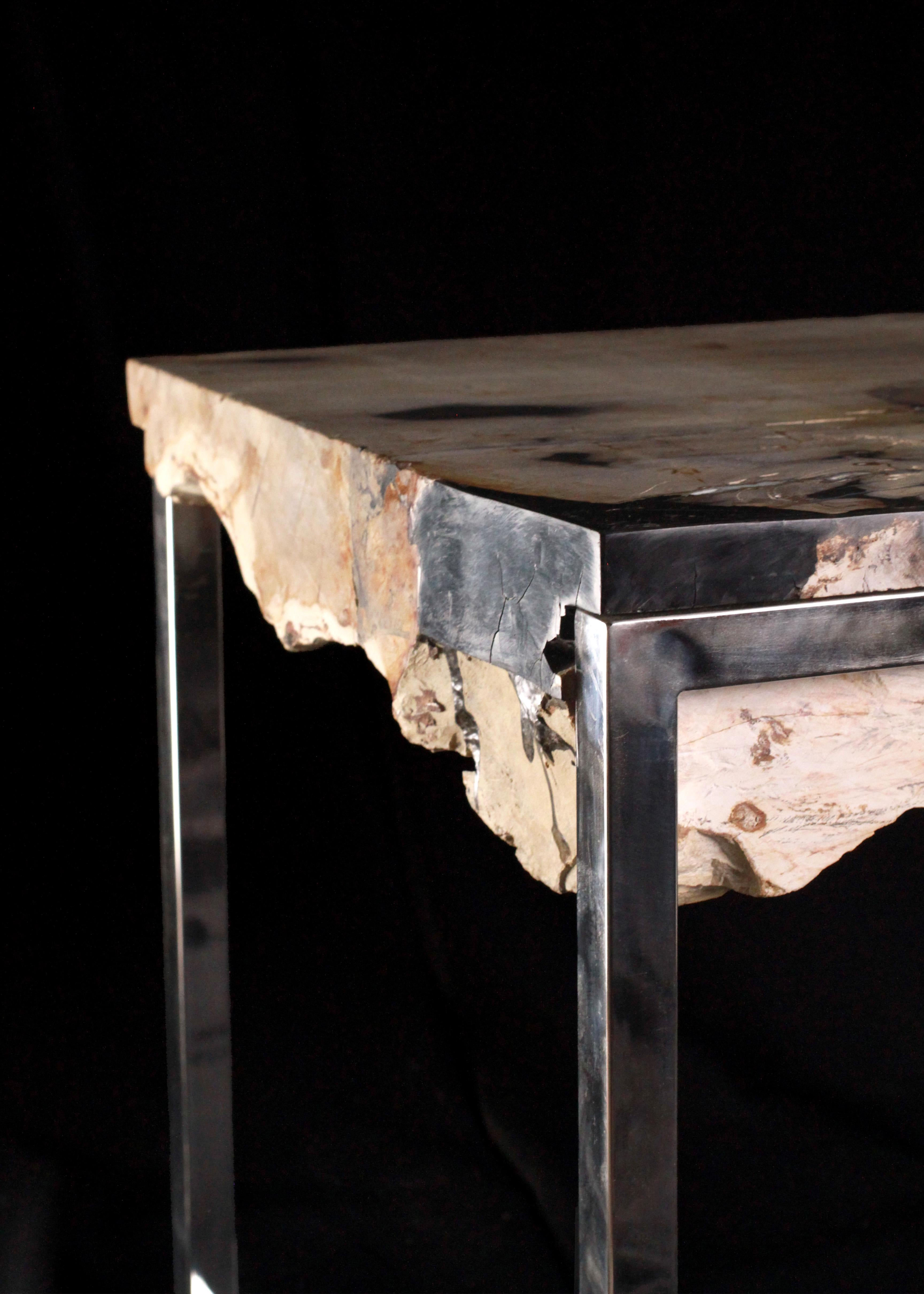 Contemporary Custom Chrome and Polished Petrified Wood End Table For Sale