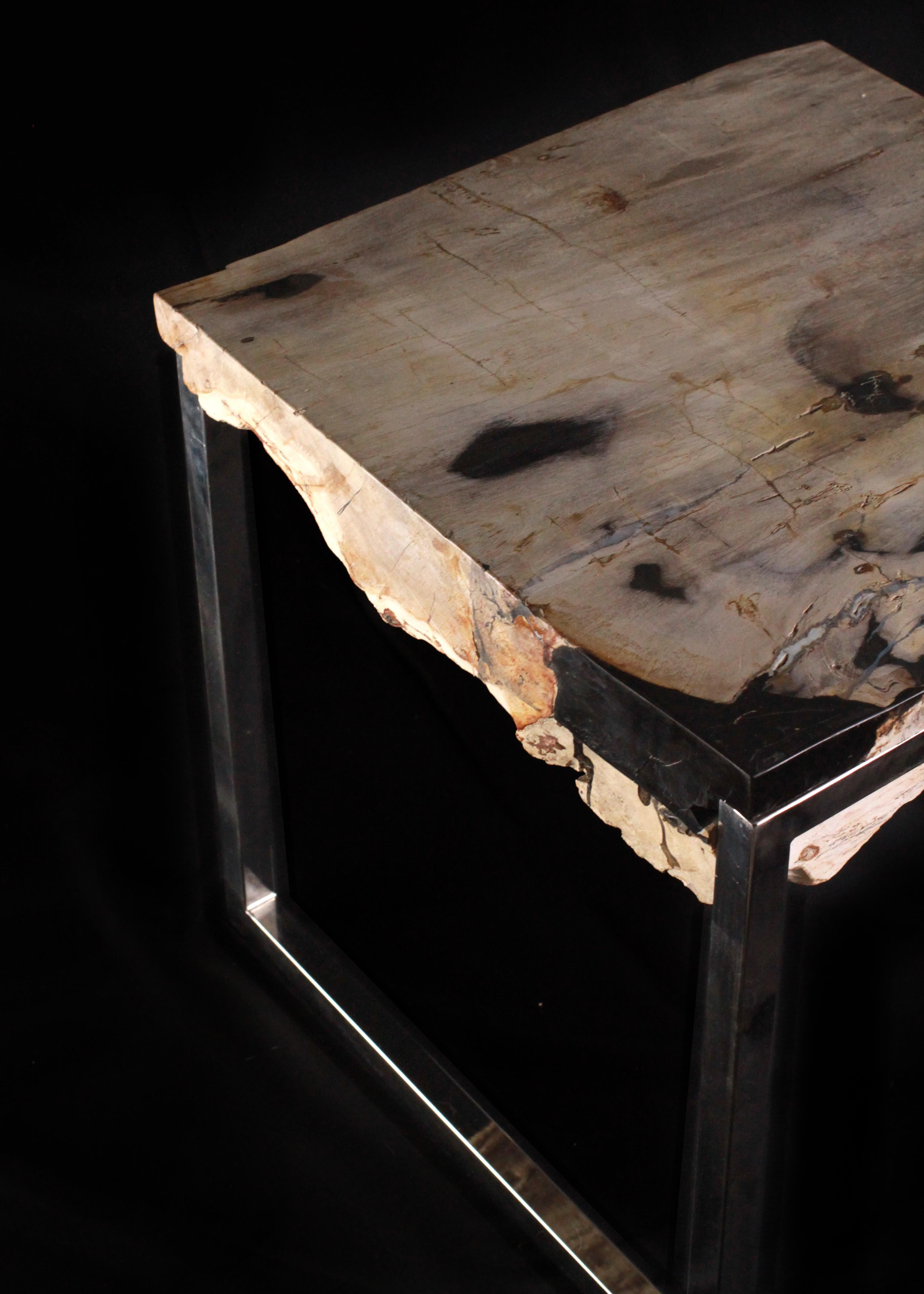Custom Chrome and Polished Petrified Wood End Table For Sale 1