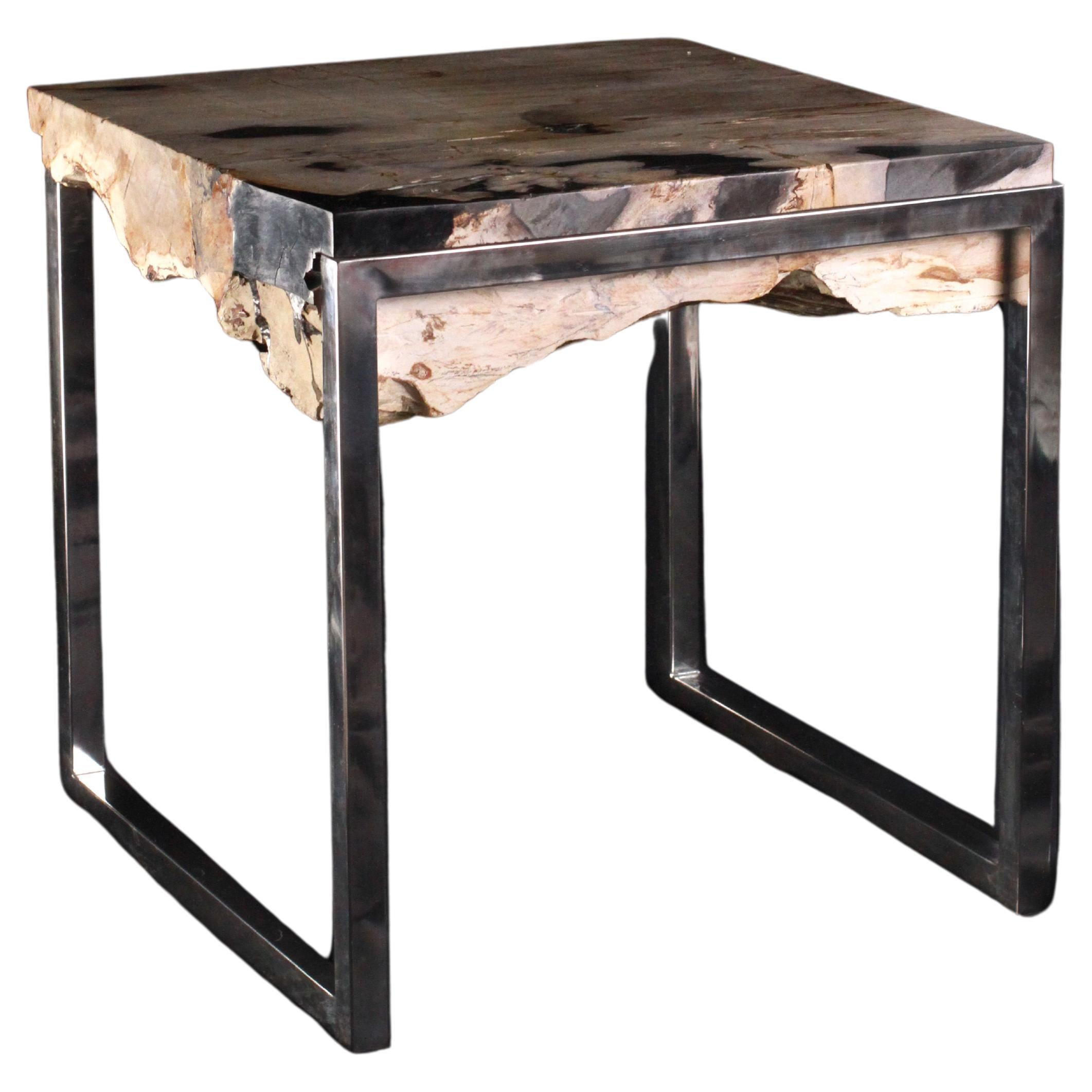 Custom Chrome and Polished Petrified Wood End Table