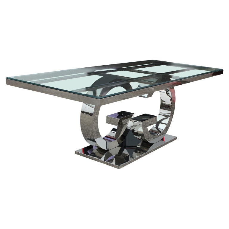 Custom Chrome GG Dining Table Inspired by Gucci with Glass Top For Sale