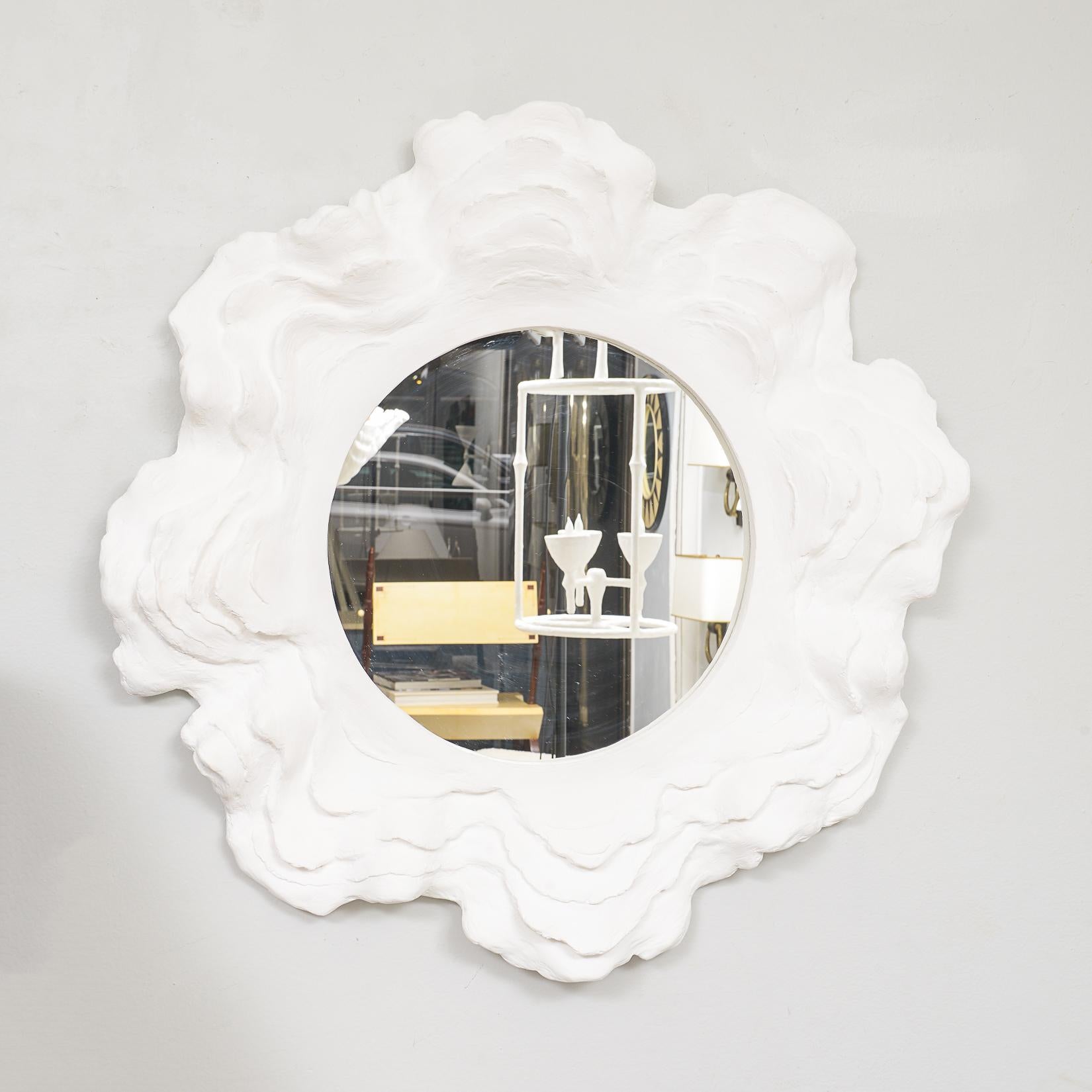 Custom Circular Plaster Mirror.
This mirror is customizable. Please inquire.
Lead Time:  8-10 weeks. 
Note: We highly recommend our plaster items be crated while in transport.