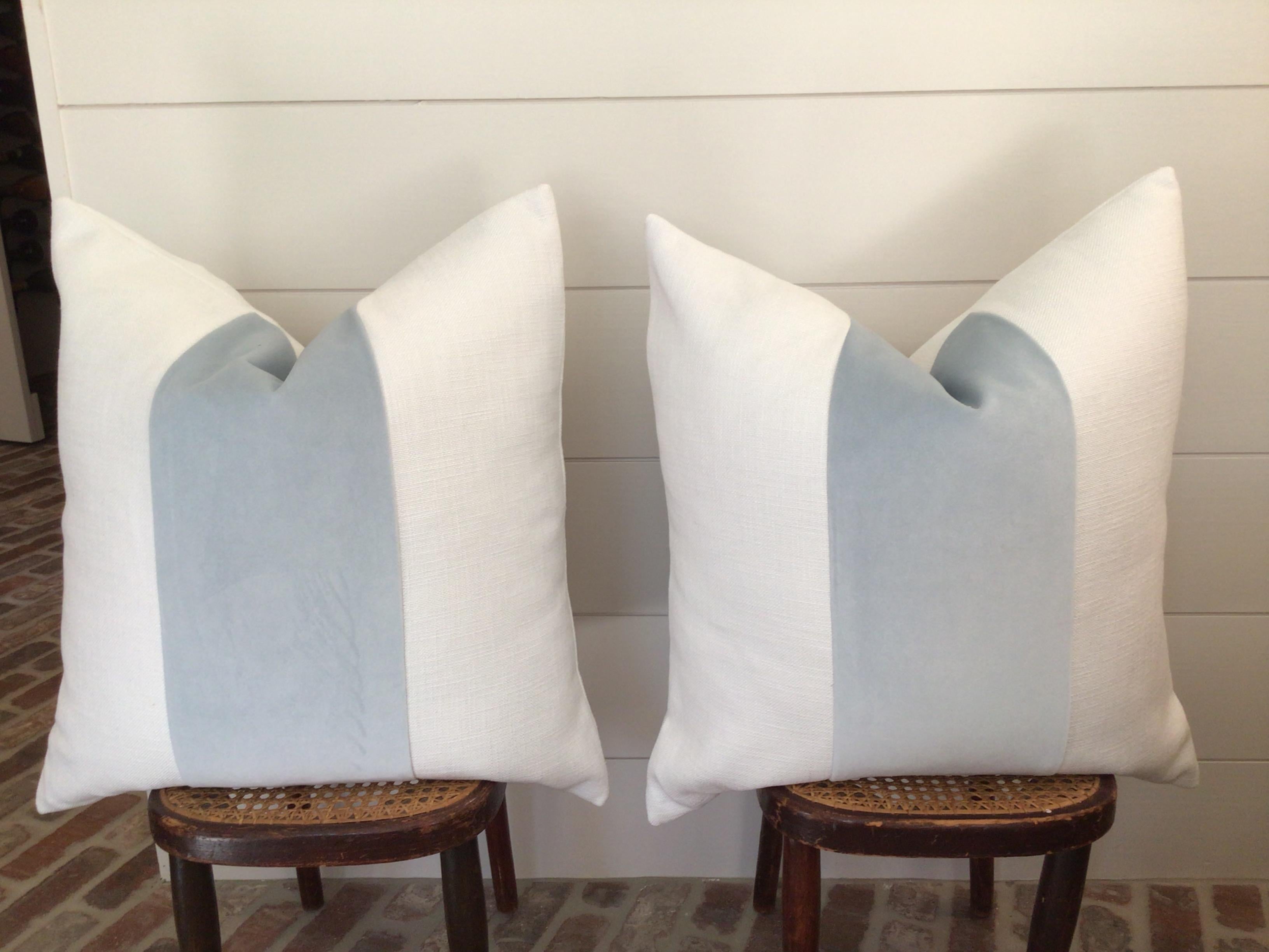 American Custom Classic Baby Blue Panel With Oatmeal Linen Pillows - a Pair For Sale
