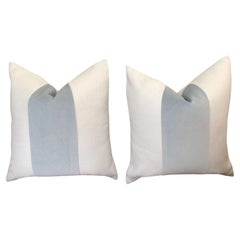 Custom Classic Baby Blue Panel With Oatmeal Linen Pillows - a Pair