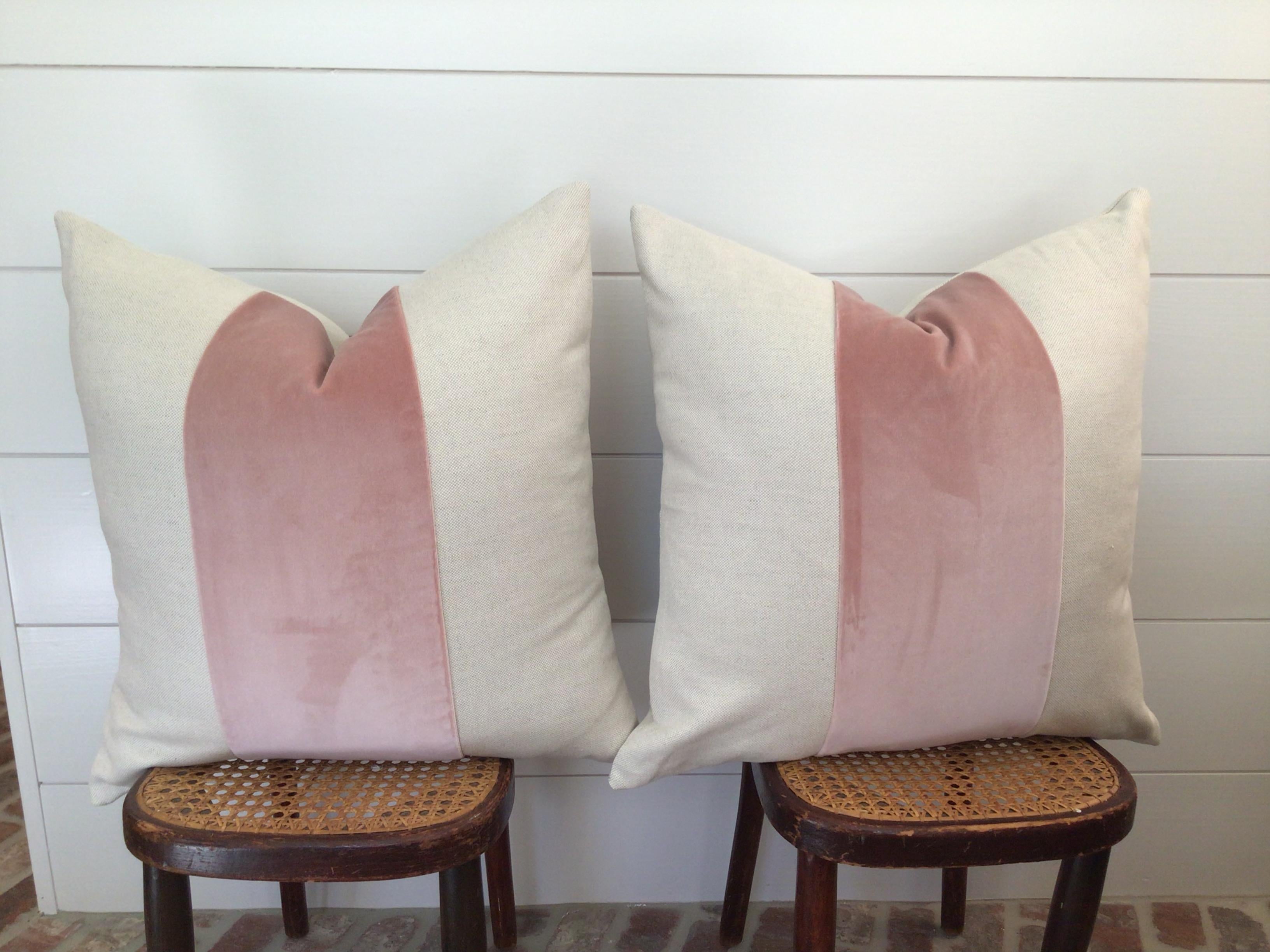 American Custom Classic Blush Panel With Oatmeal Linen Pillows - a Pair For Sale