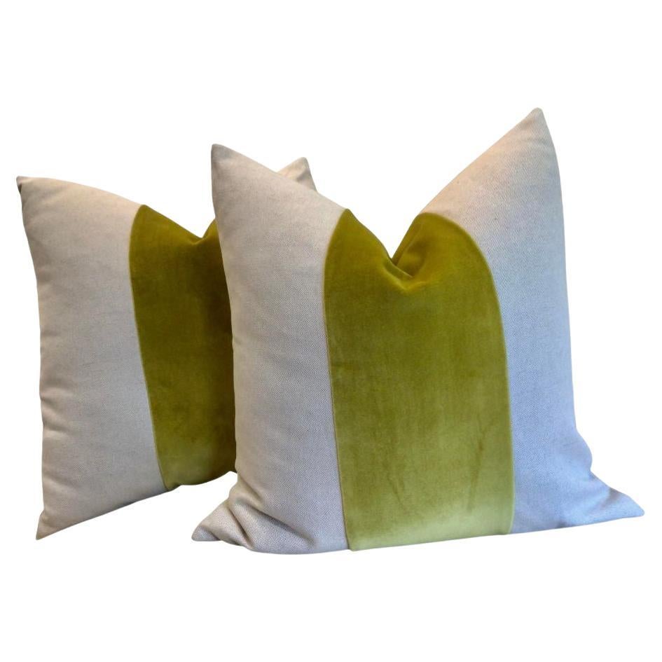 Classic Velvet Panel 22" Down-Filled Pillows in Chartreuse/Oatmeal Linen- a Pair