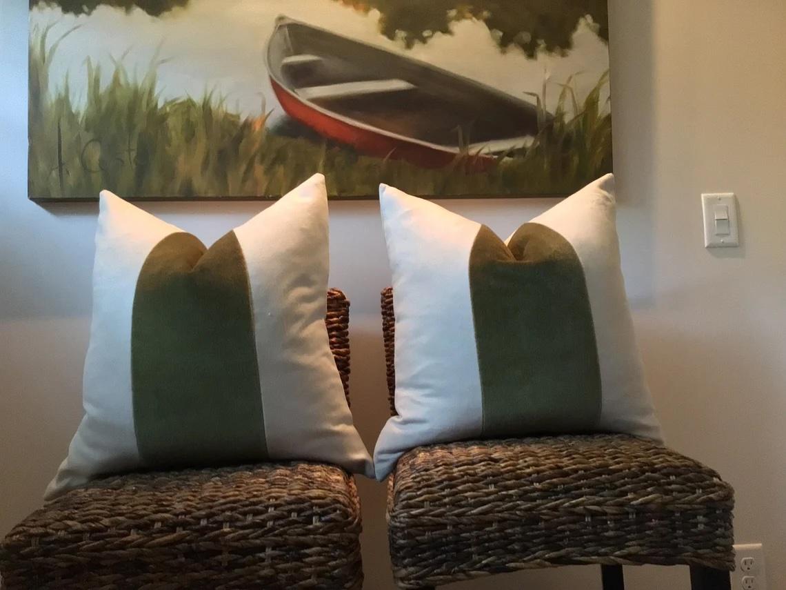 Velours Panneau Classic en Mohair, Lin Vert foncé/Oatmeal Oreillers en duvet 22