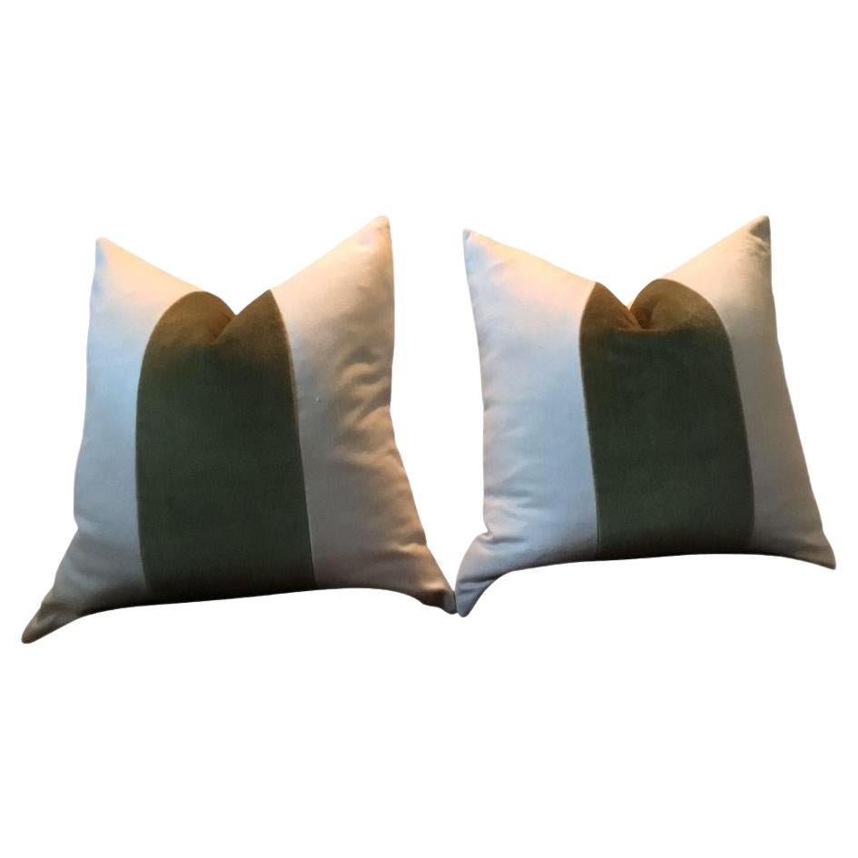 Custom Classic Green Mohair Panel With Oatmeal Linen Pillows - a Pair For Sale