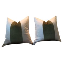 Custom Classic Green Mohair Panel With Oatmeal Linen Pillows - a Pair