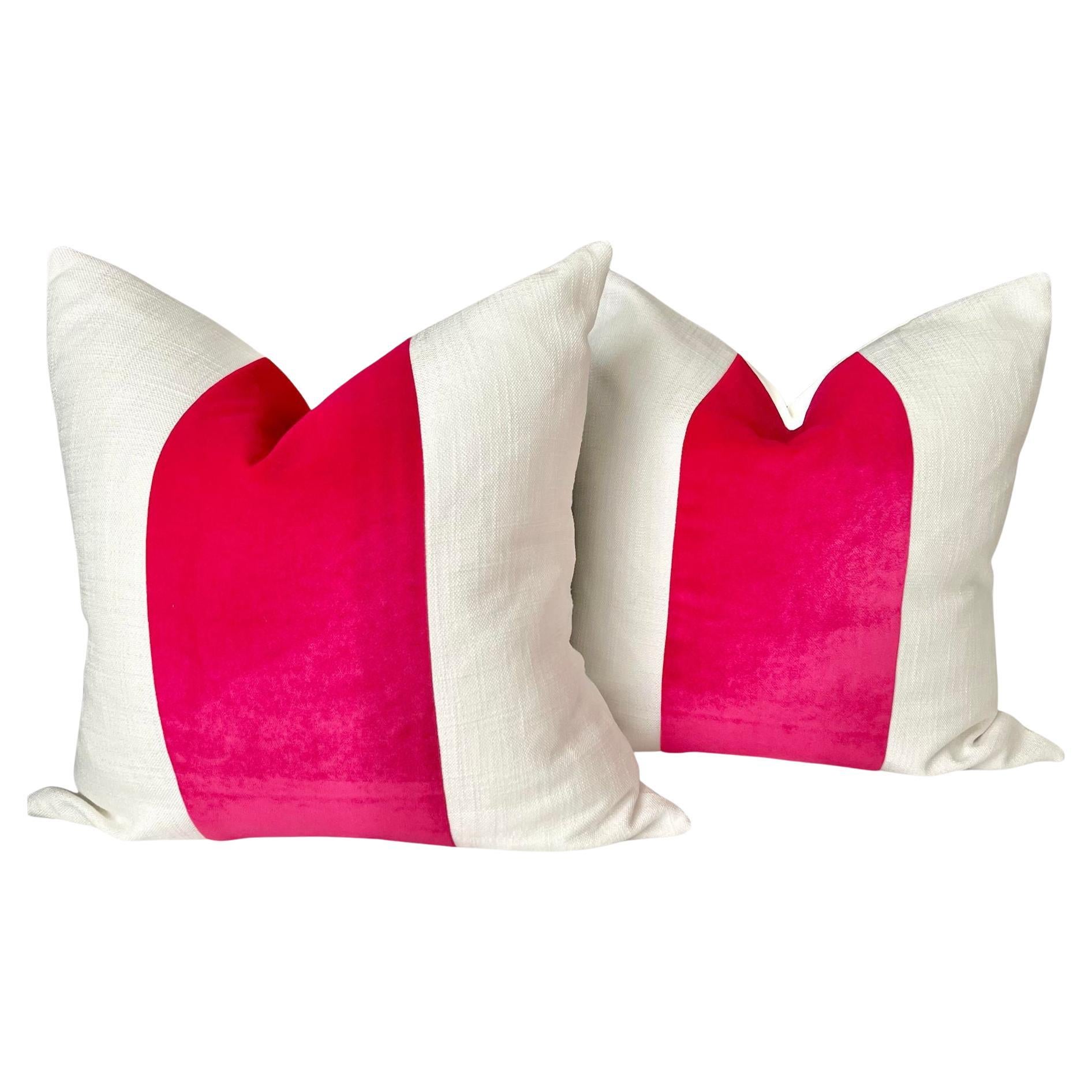 Classic Velvet Panel 22" Down-Filled Pillows, Hot Pink/Oatmeal Linen - a Pair