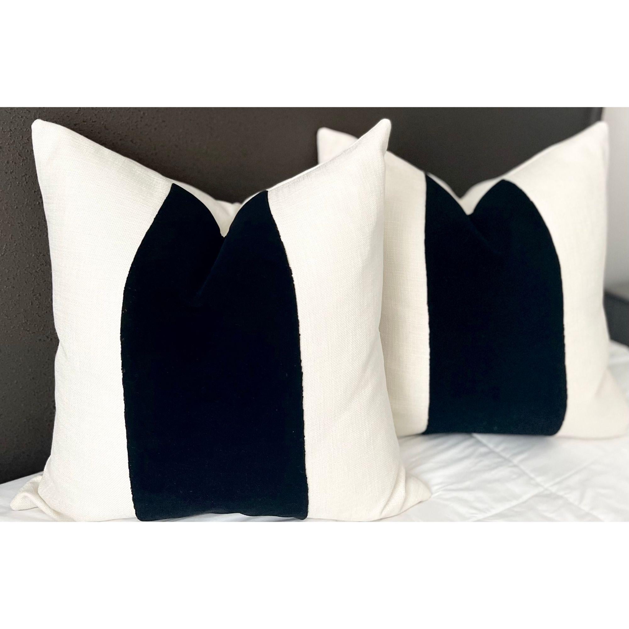 American Custom Classic Jet Black Panel With Oatmeal Linen Pillows - a Pair For Sale