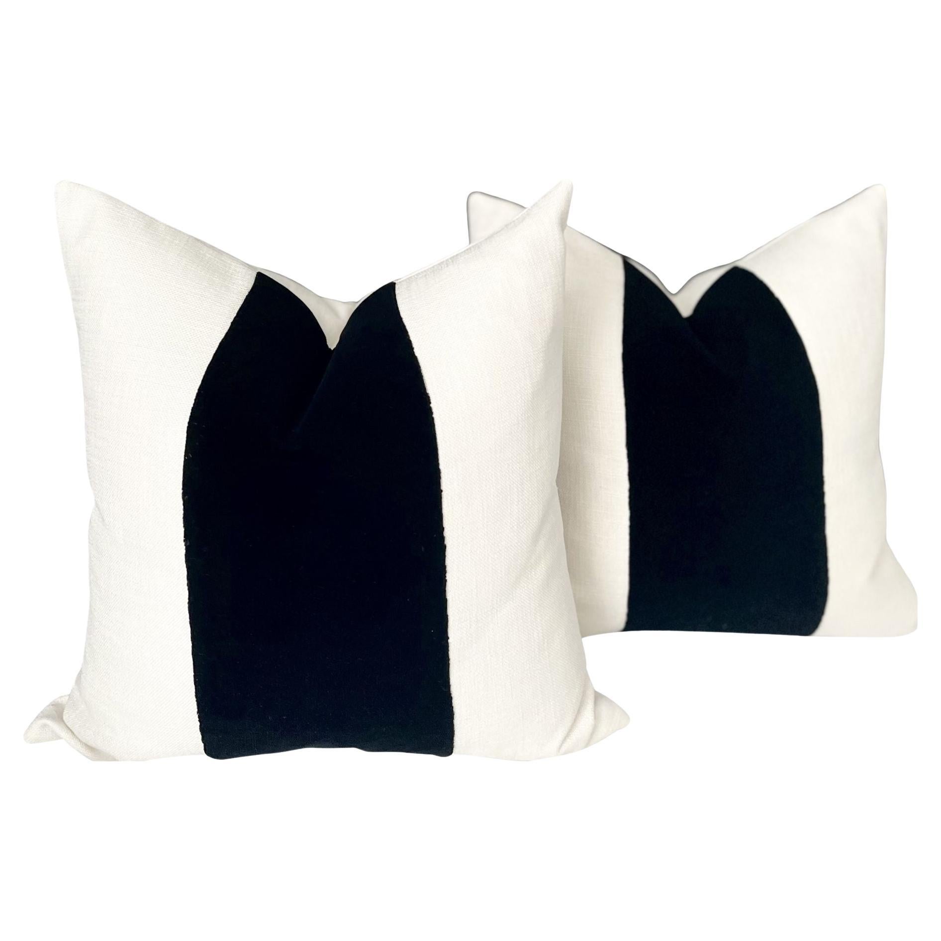Custom Classic Jet Black Panel With Oatmeal Linen Pillows - a Pair For Sale