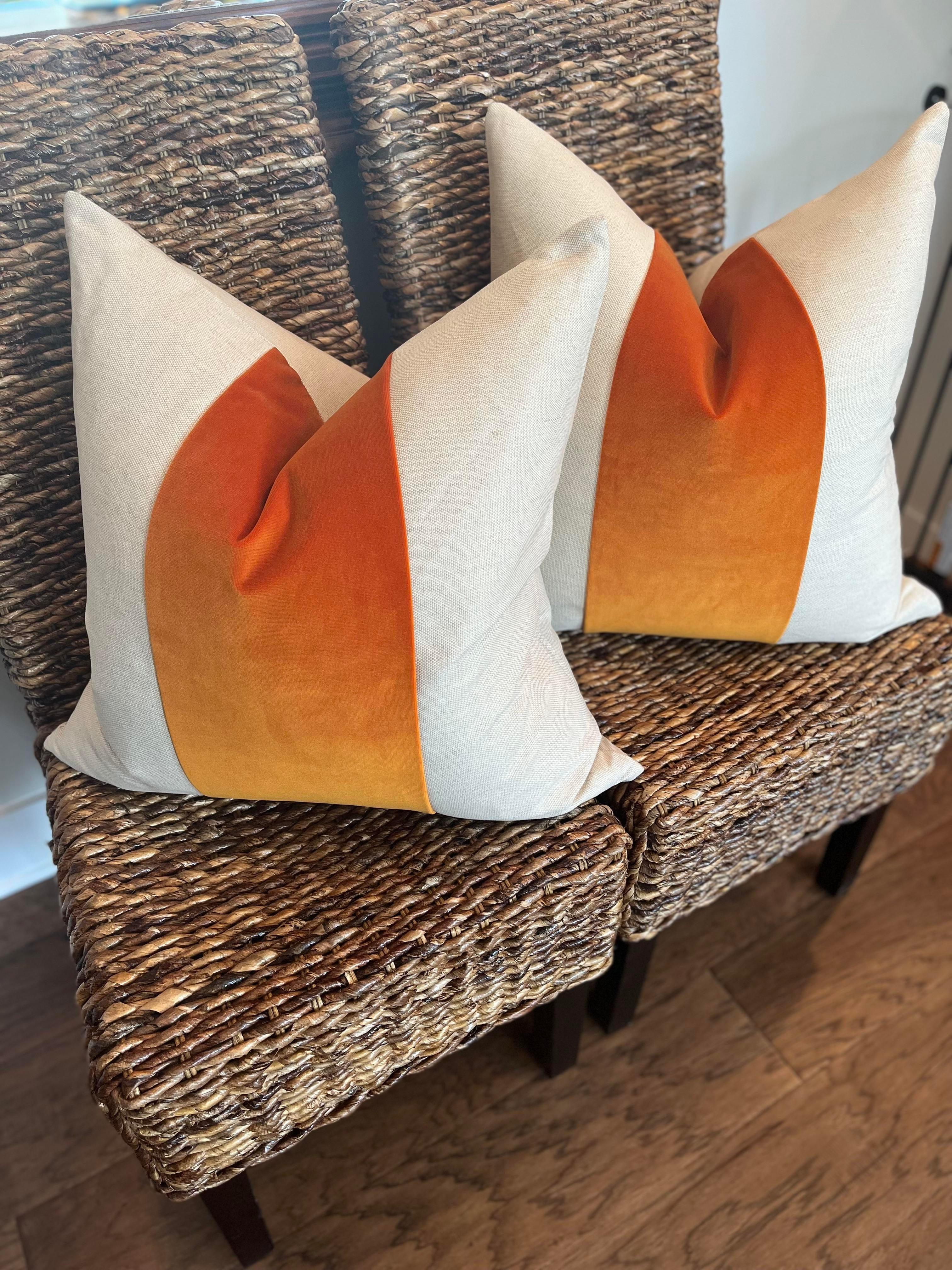 So sophisticated and stunning. My workroom wizards have taken lovely woven linen in an oatmeal tone and added a wonderfully popcicle orange velvet stripe down the center. The backing is the same supple oatmeal linen and closure is by way of