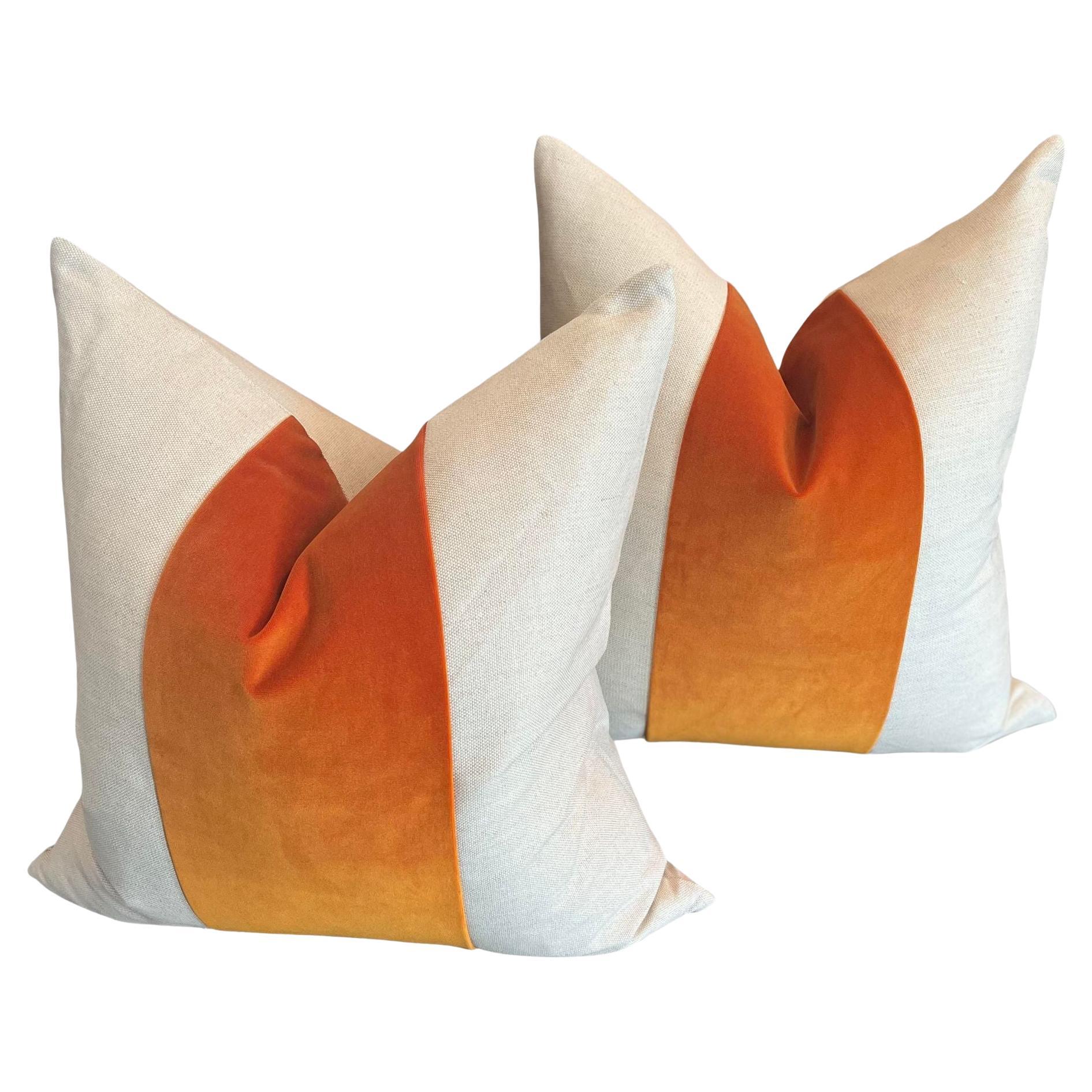 Custom Classic Popcicle Orange Panel With Oatmeal Linen Pillows - a Pair For Sale