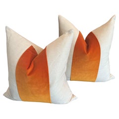 Custom Classic Popcicle Orange Panel With Oatmeal Linen Pillows - a Pair