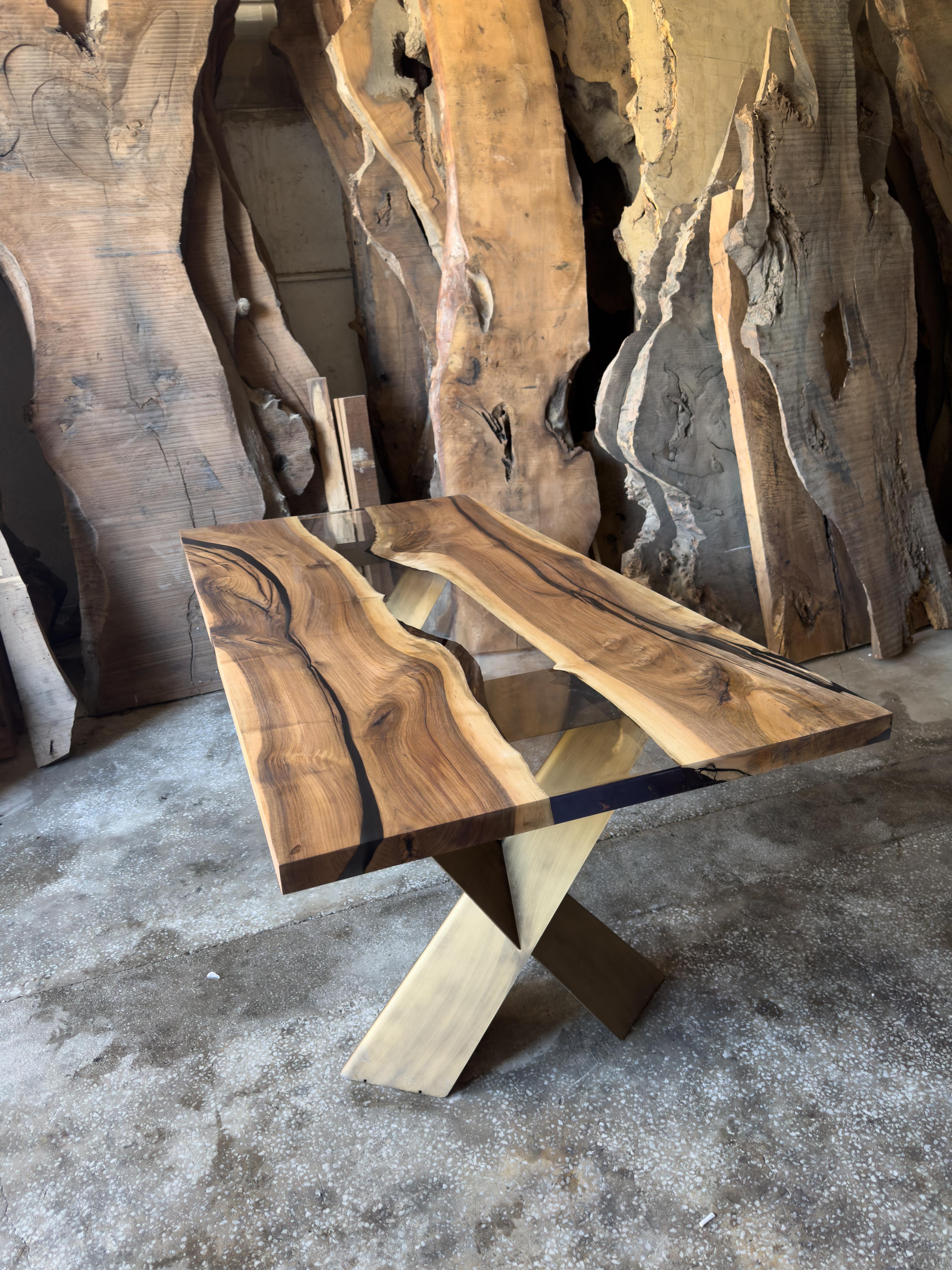 Arts and Crafts Custom Clear Epoxy Resin Dining Walnut Table (In Stock) For Sale