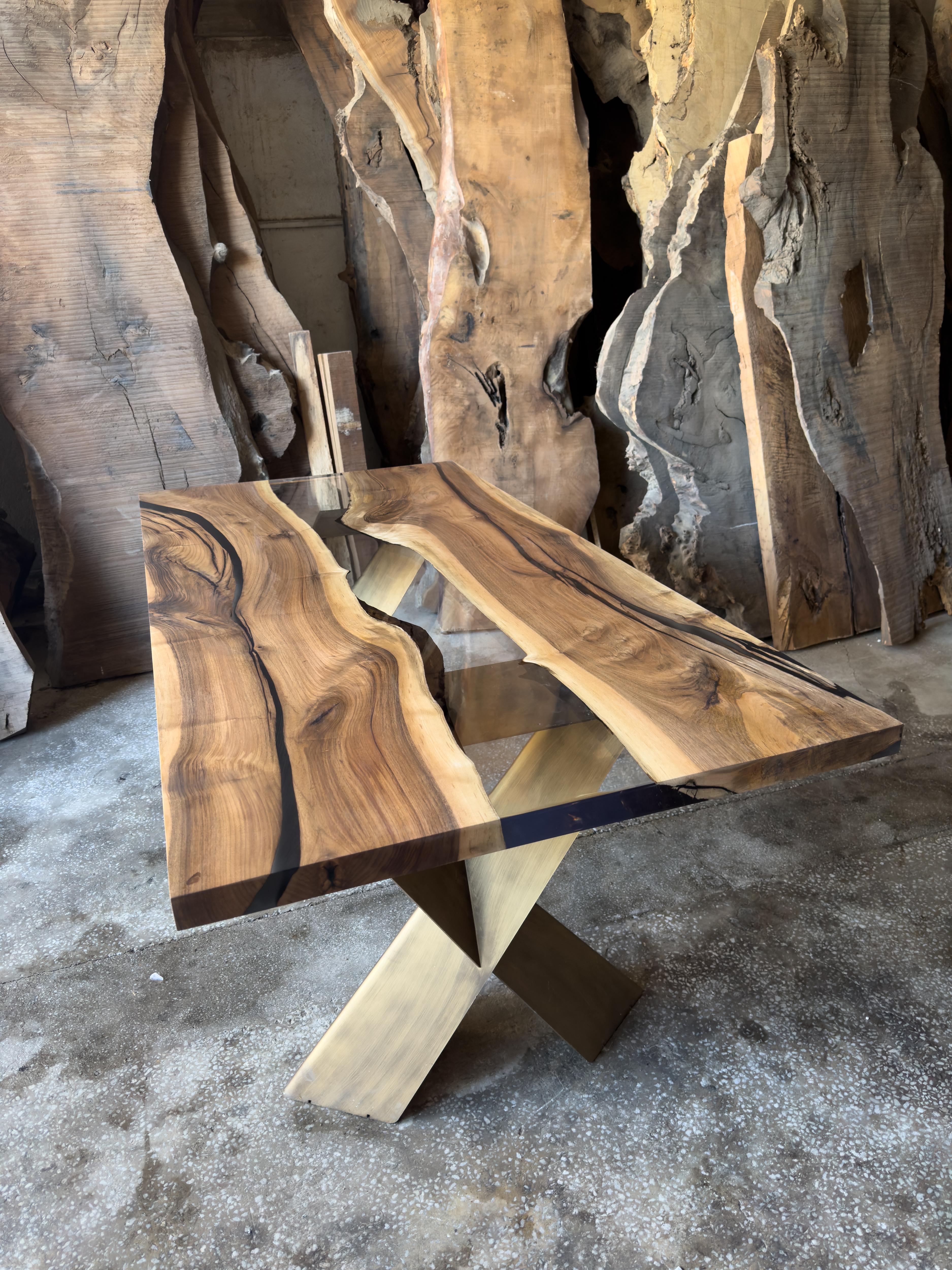Turkish Custom Clear Epoxy Resin Dining Walnut Table (In Stock) For Sale