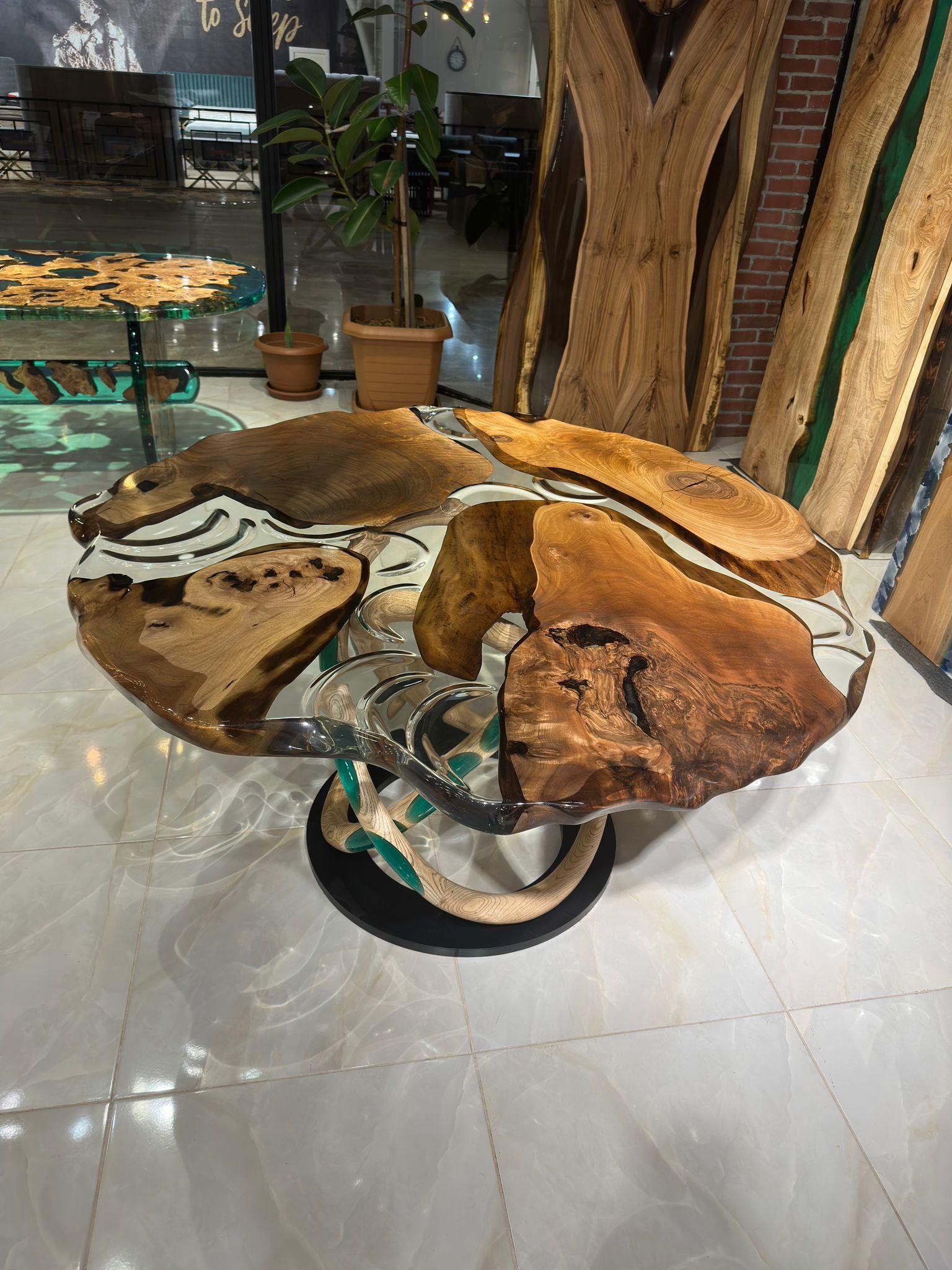 Arts and Crafts Table de salle à manger en bois moderne en résine époxy transparente sur mesure en vente
