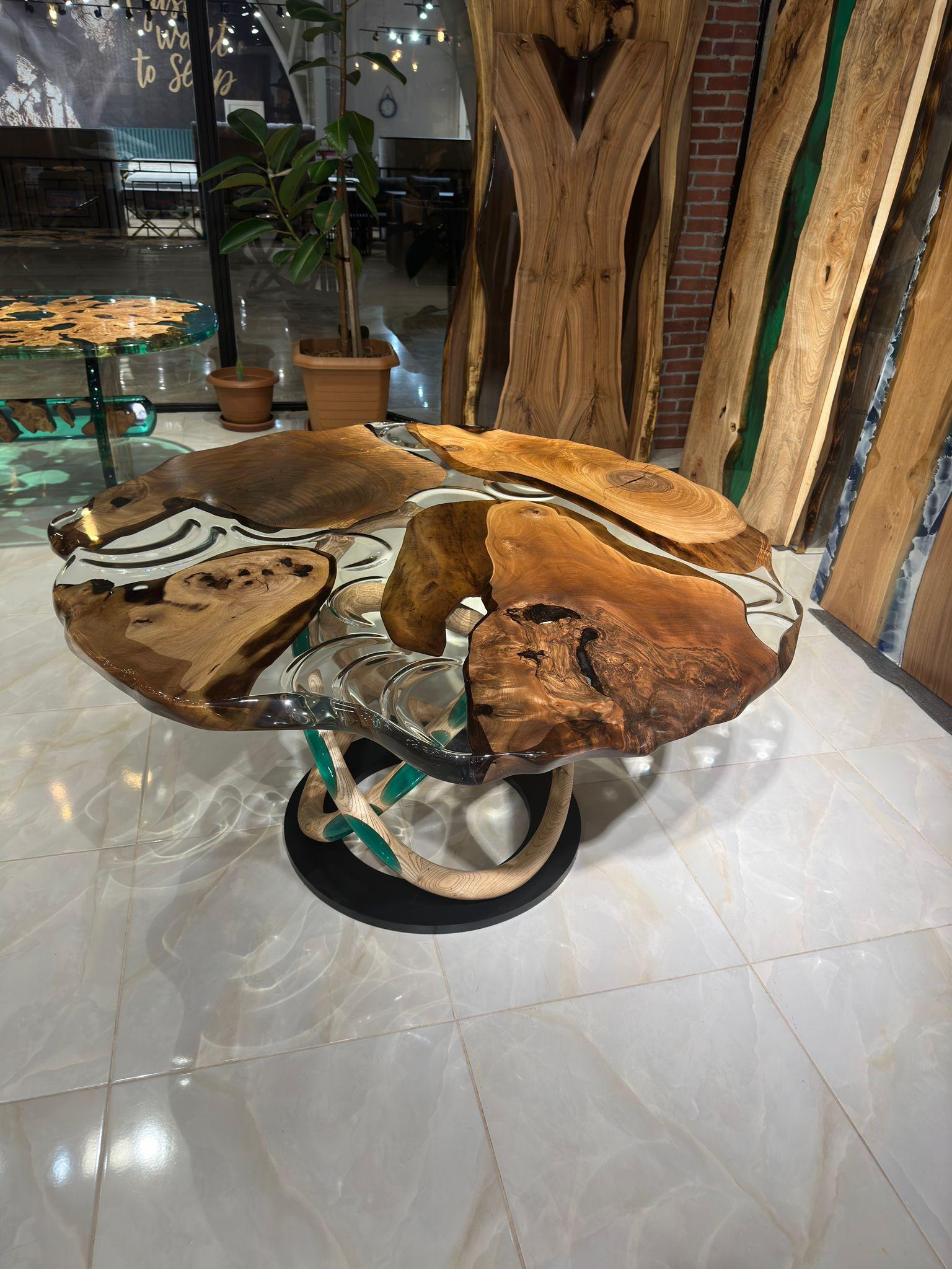 Soudé Table de salle à manger en bois moderne en résine époxy transparente sur mesure en vente