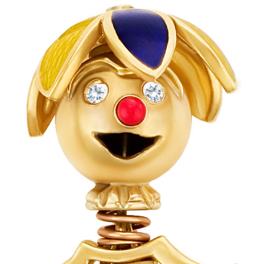 Custom Clown Pin in 14k Yellow Gold, Geneve Watch Body & Enamel Hat, 2 Cts In Excellent Condition For Sale In Surfside, FL