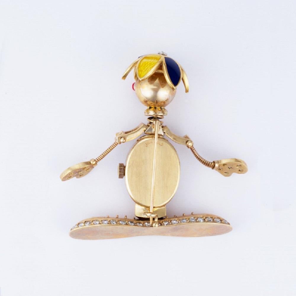 Women's Custom Clown Pin in 14k Yellow Gold, Geneve Watch Body & Enamel Hat, 2 Cts For Sale