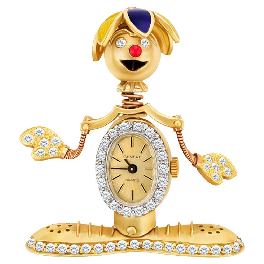 Maßgefertigte Clown-Anstecknadel in 14k Gelbgold, Geneve Uhrenkörper & Emaille-Hut, 2 Karat im Angebot