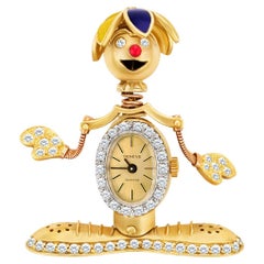 Custom Clown Pin in 14k Yellow Gold, Geneve Watch Body & Enamel Hat, 2 Cts