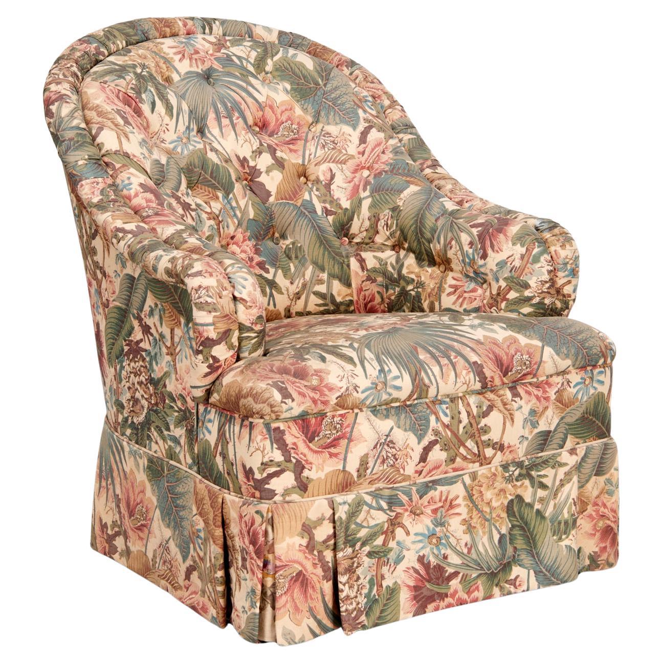 Custom Club Chair Upholstered in Bennison Fabrics Jungle Original on Beige Linen For Sale