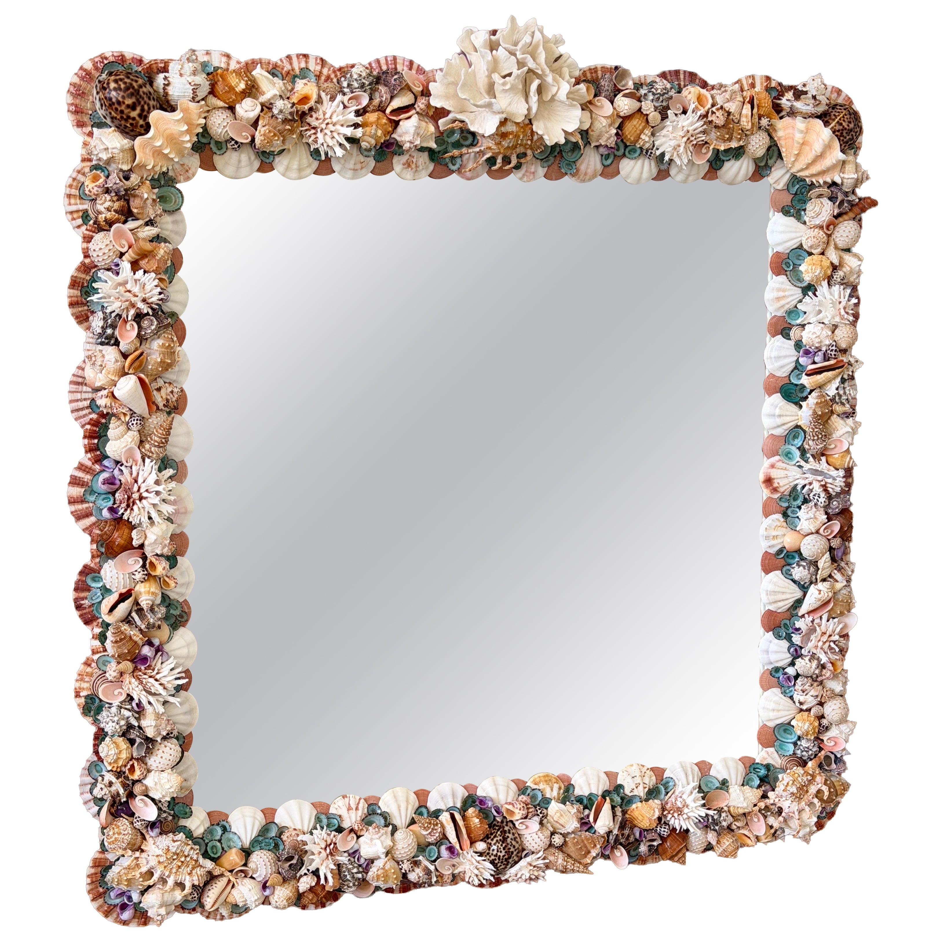 Custom Coastal Seashell Wall Mirror With Coral & Mixed Shell Mosaic Frame