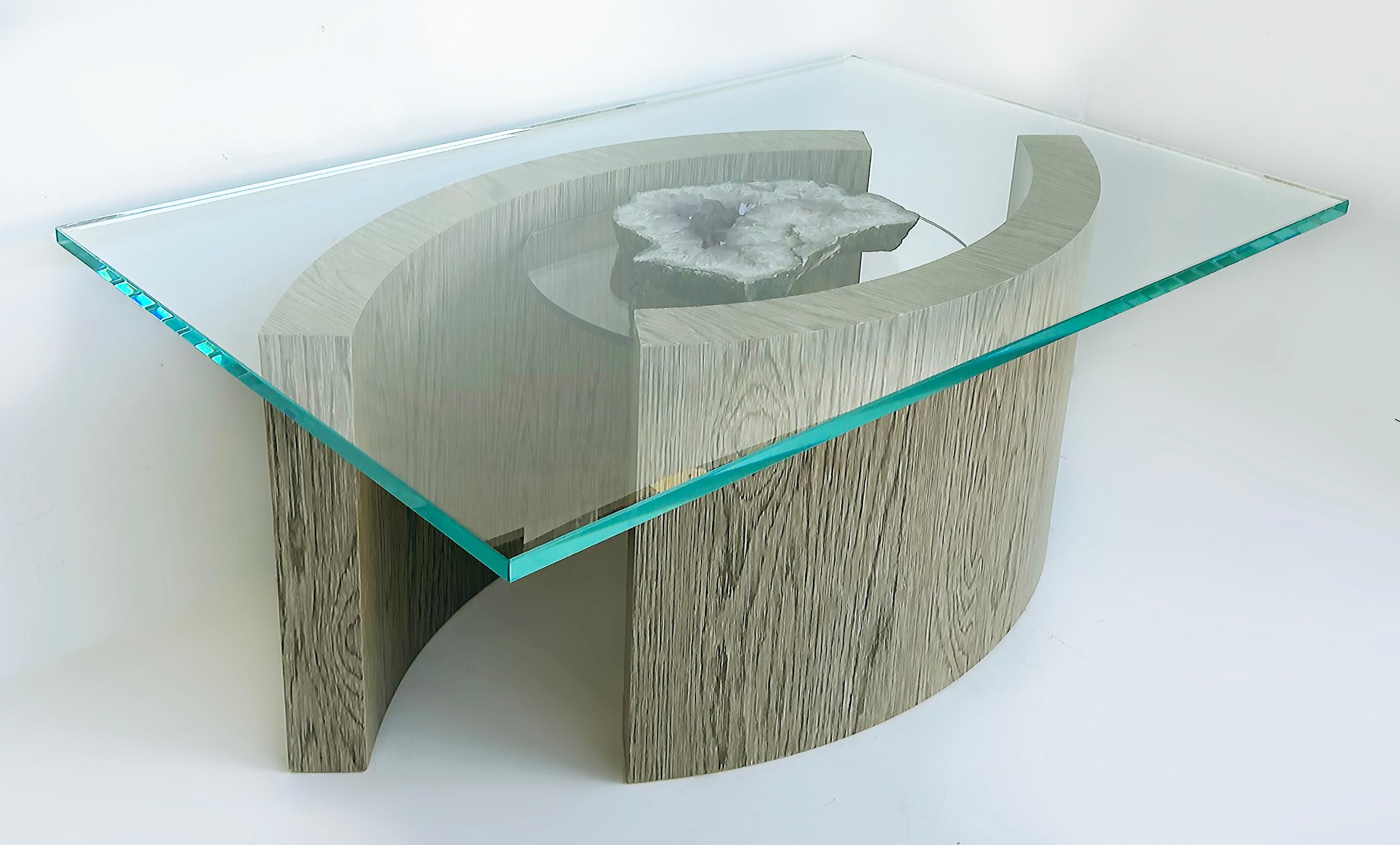 Organic Modern Custom Cocktail Table,  Oak Base, Amethyst Ring Crystal Geode Center For Sale