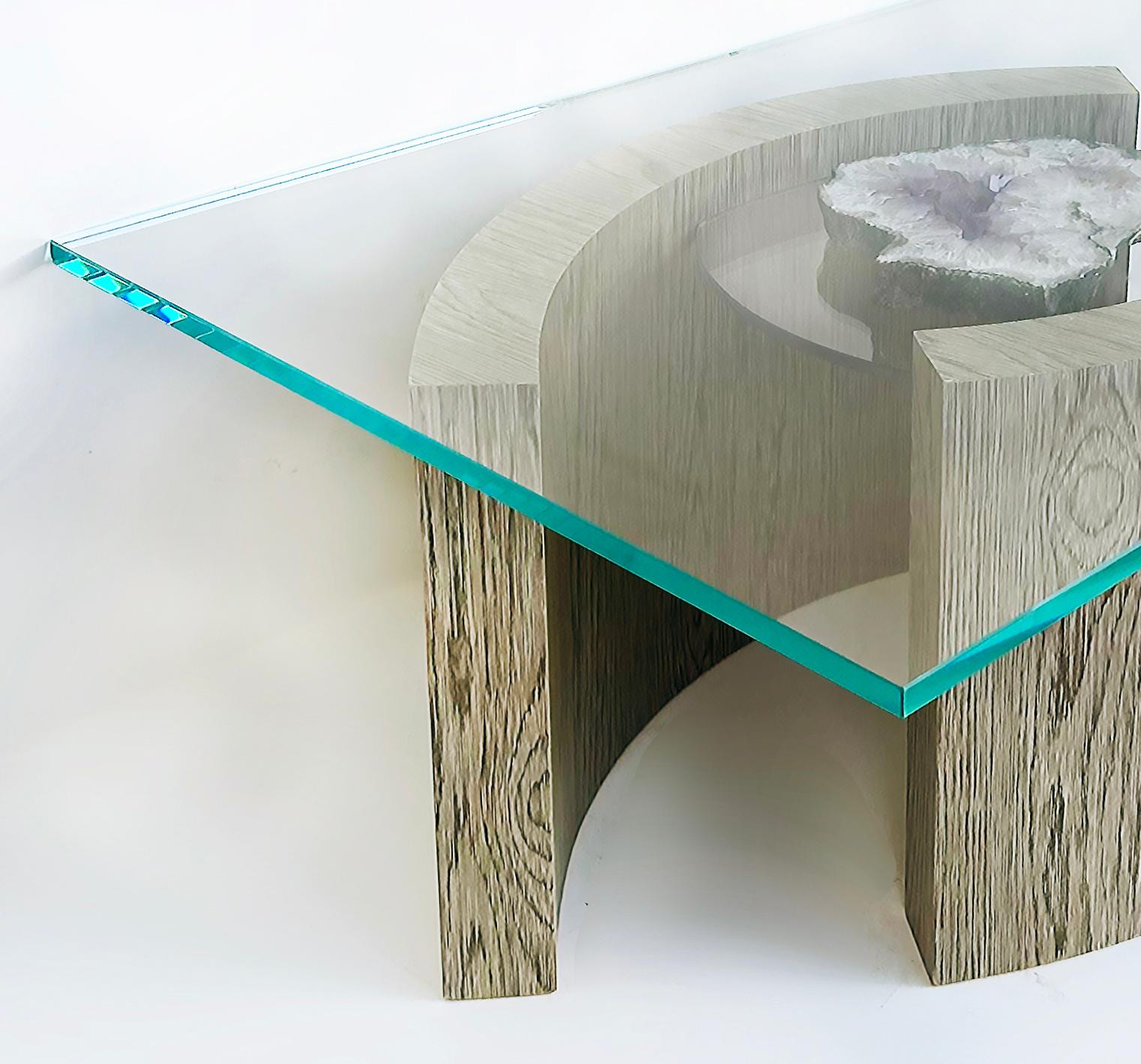 American Custom Cocktail Table,  Oak Base, Amethyst Ring Crystal Geode Center For Sale