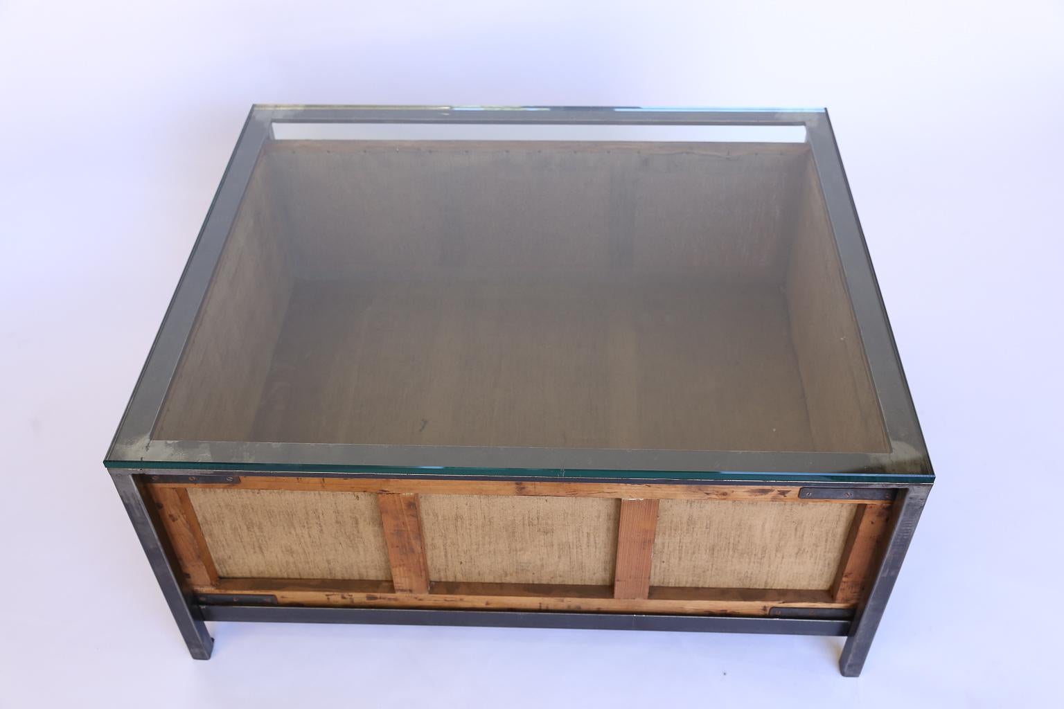 Custom Coffee Table Made from Vintage German Cigar Bin, Iron and Glass In Good Condition In Houston, TX