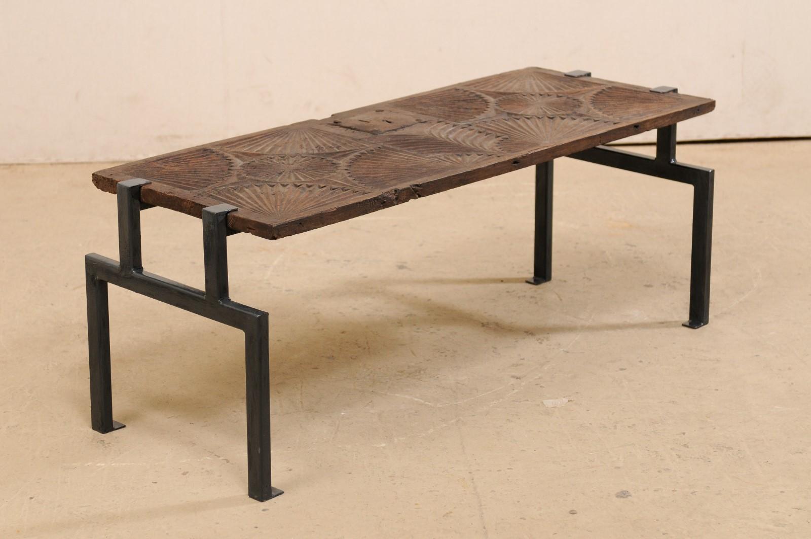 Custom Coffee Table with Spanish Carved Wood Door Top on New Iron Base 6