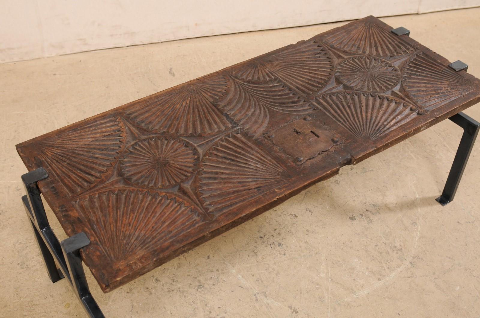 18th Century and Earlier Custom Coffee Table with Spanish Carved Wood Door Top on New Iron Base