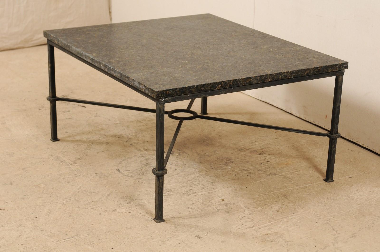 American Custom Coffee Table with Honed Granite Top and Black Iron Base