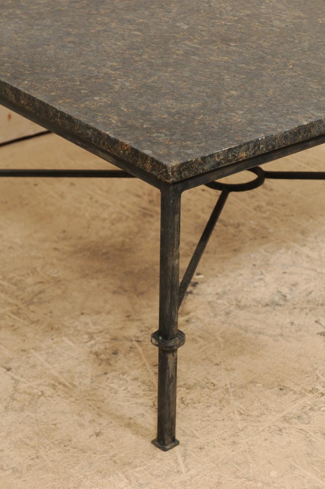 Contemporary Custom Coffee Table with Honed Granite Top and Black Iron Base
