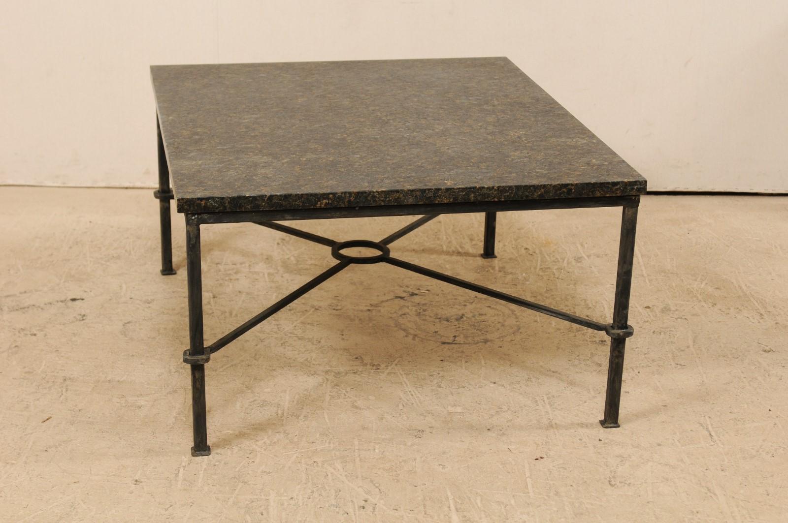 Custom Coffee Table with Honed Granite Top and Black Iron Base 1