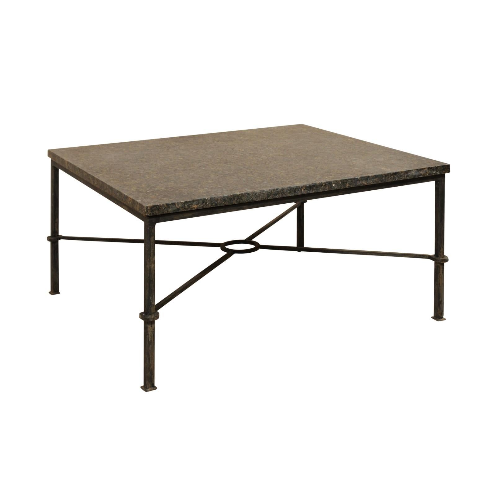 Custom Coffee Table with Honed Granite Top and Black Iron Base