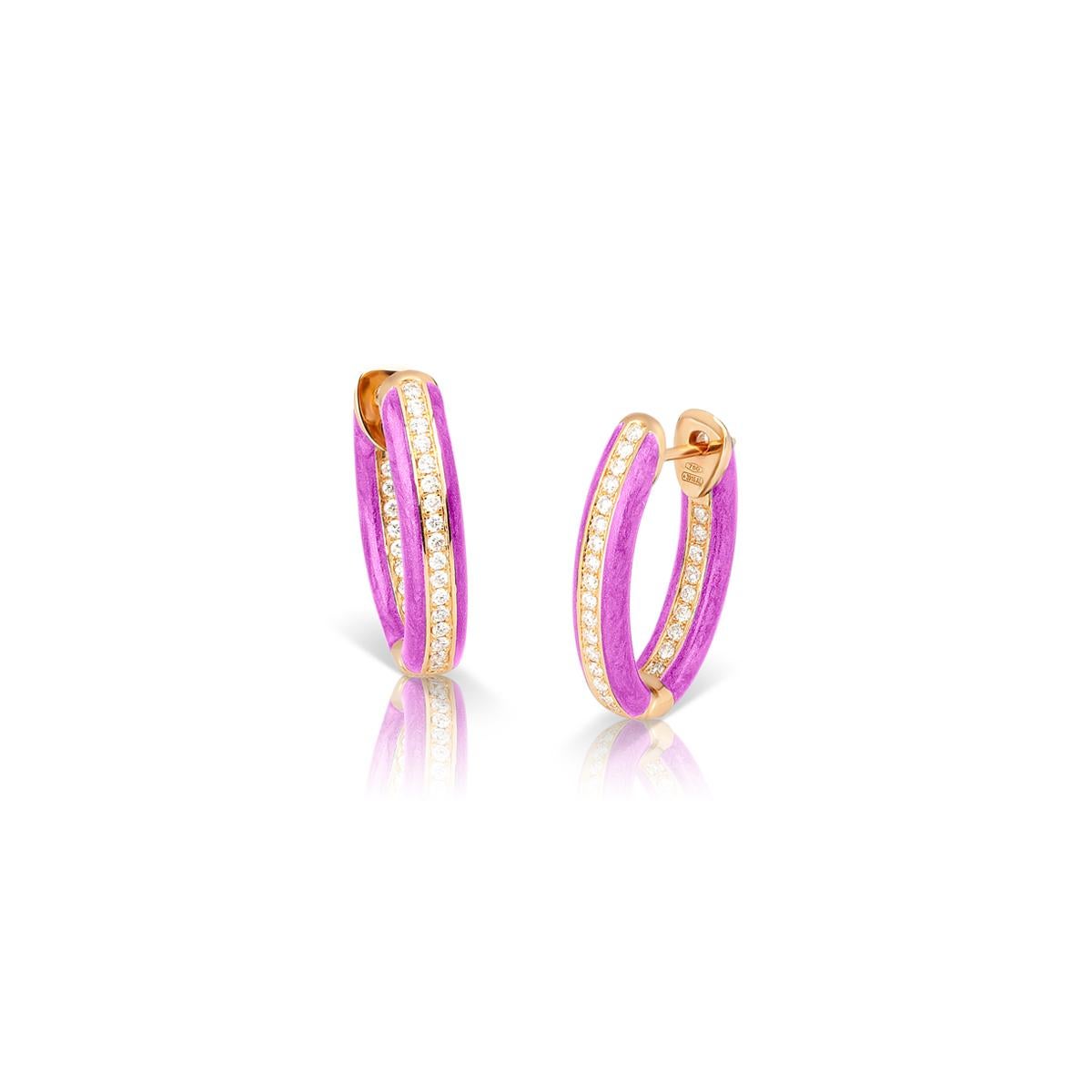 Custom Color Enamel Mini Hoop Earrings with White Diamonds in 18kt Rose Gold For Sale 2
