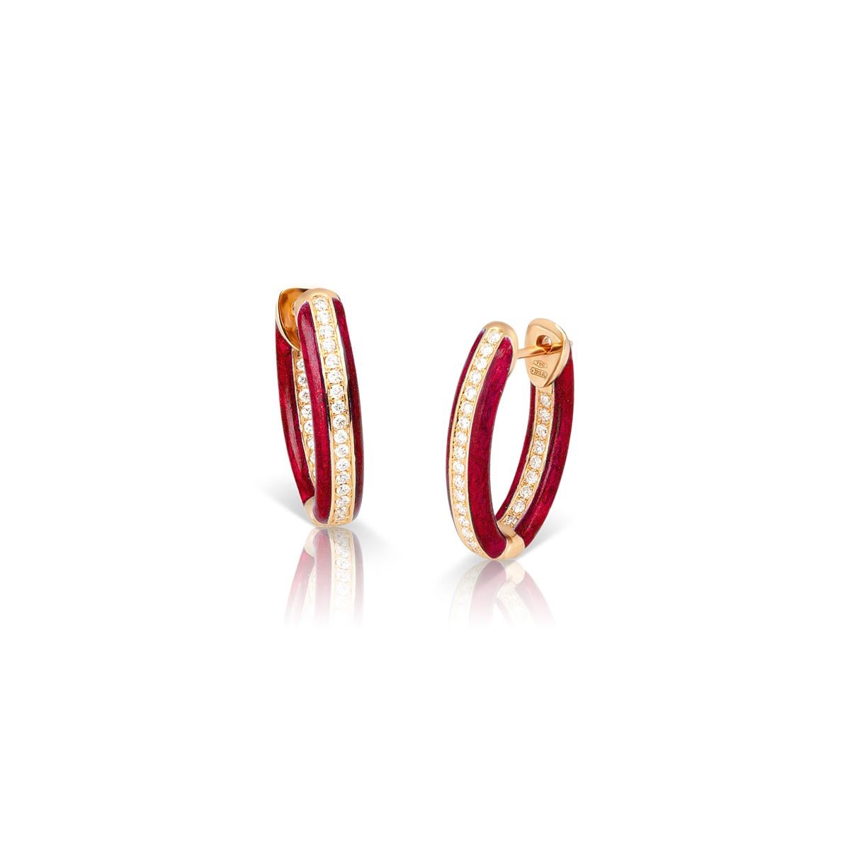 Custom Color Enamel Mini Hoop Earrings with White Diamonds in 18kt Rose Gold For Sale 3