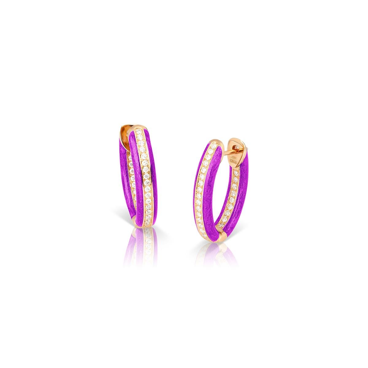 Custom Color Enamel Mini Hoop Earrings with White Diamonds in 18kt Rose Gold For Sale 4