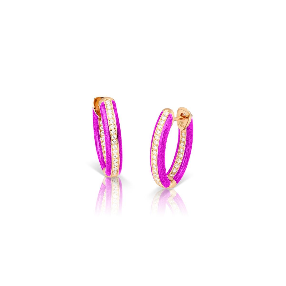 Round Cut Custom Color Enamel Mini Hoop Earrings with White Diamonds in 18kt Rose Gold For Sale
