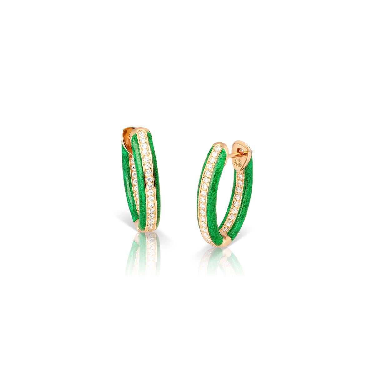 Women's Custom Color Enamel Mini Hoop Earrings with White Diamonds in 18kt Rose Gold For Sale