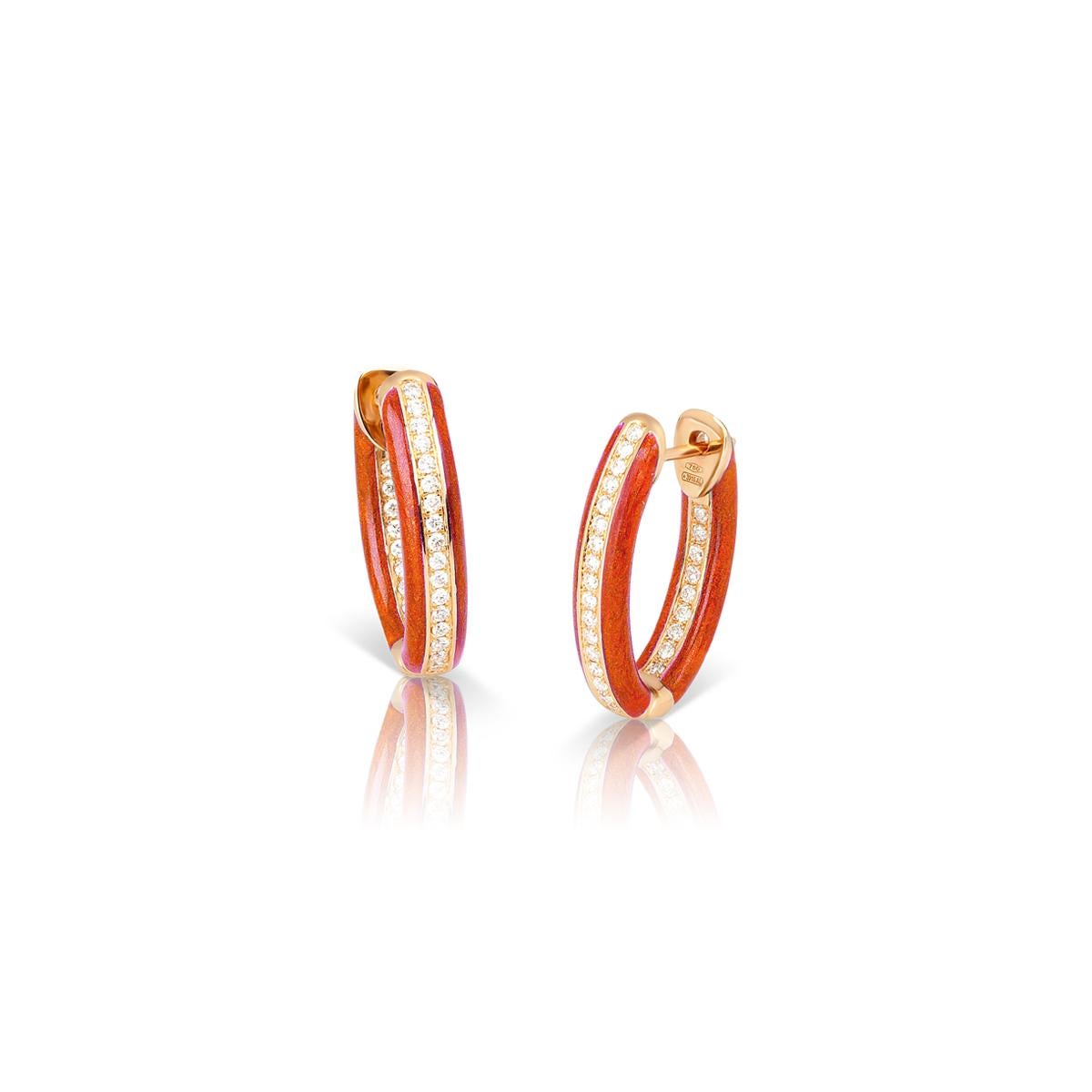 Custom Color Enamel Mini Hoop Earrings with White Diamonds in 18kt Rose Gold For Sale 1