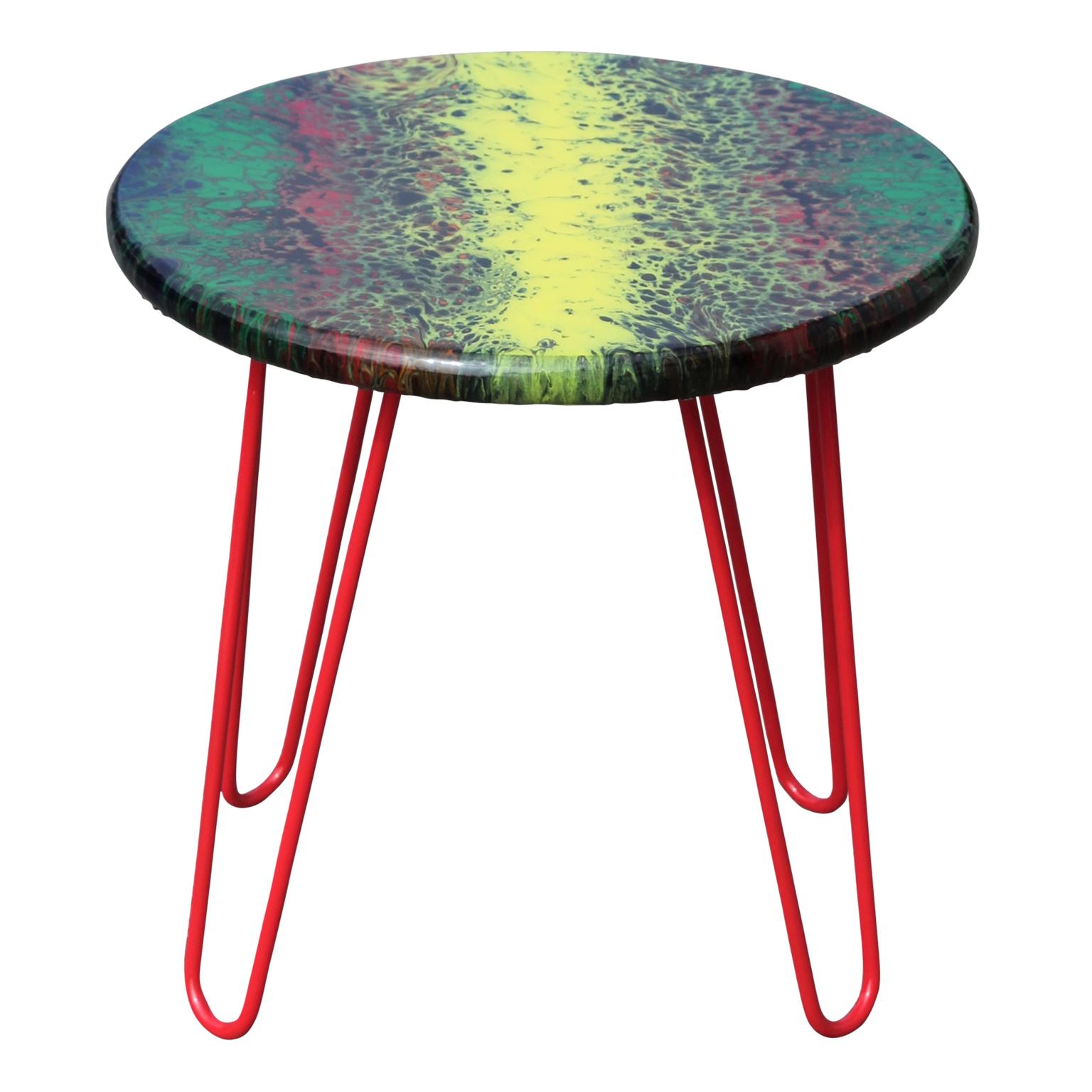 Modern Custom Colorful Abstract Yellow, Green, Red, and Black Acrylic Fluid Side Table